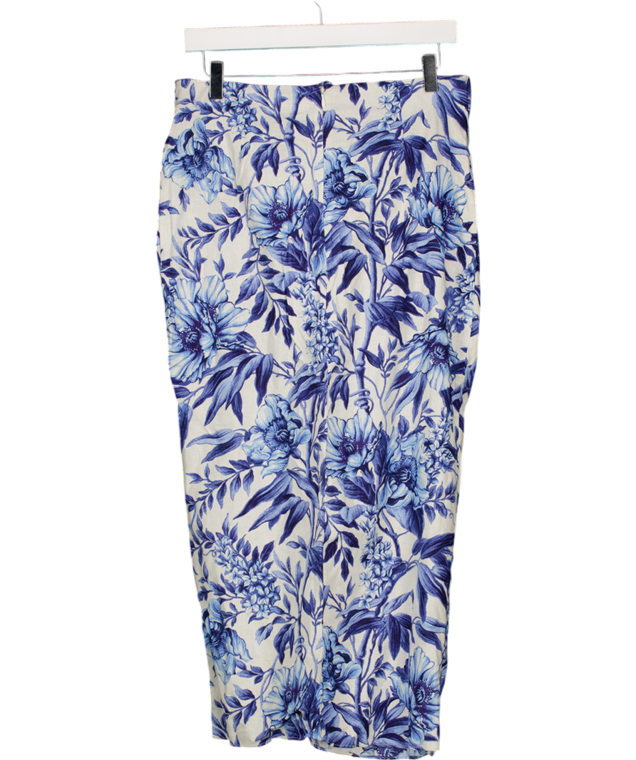 H&M White & Blue Floral Linen Blend Tie Front Midi Skirt UK 12