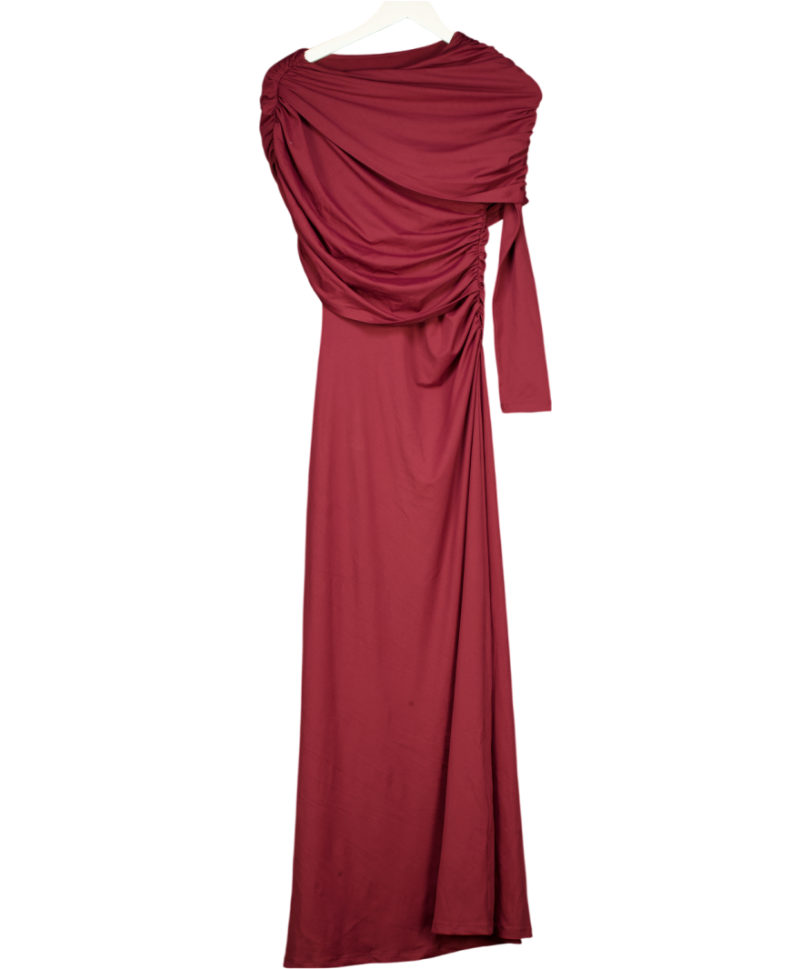 Commense Red Bodycon Asymmetrical Neck Long Sleeve Ruched Maxi Dress UK XS