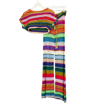 PQ SWIM Multicoloured 2-piece Stripe Renee Crochet Crop Top And Bree Trouser Cover Up Set UK XS/S