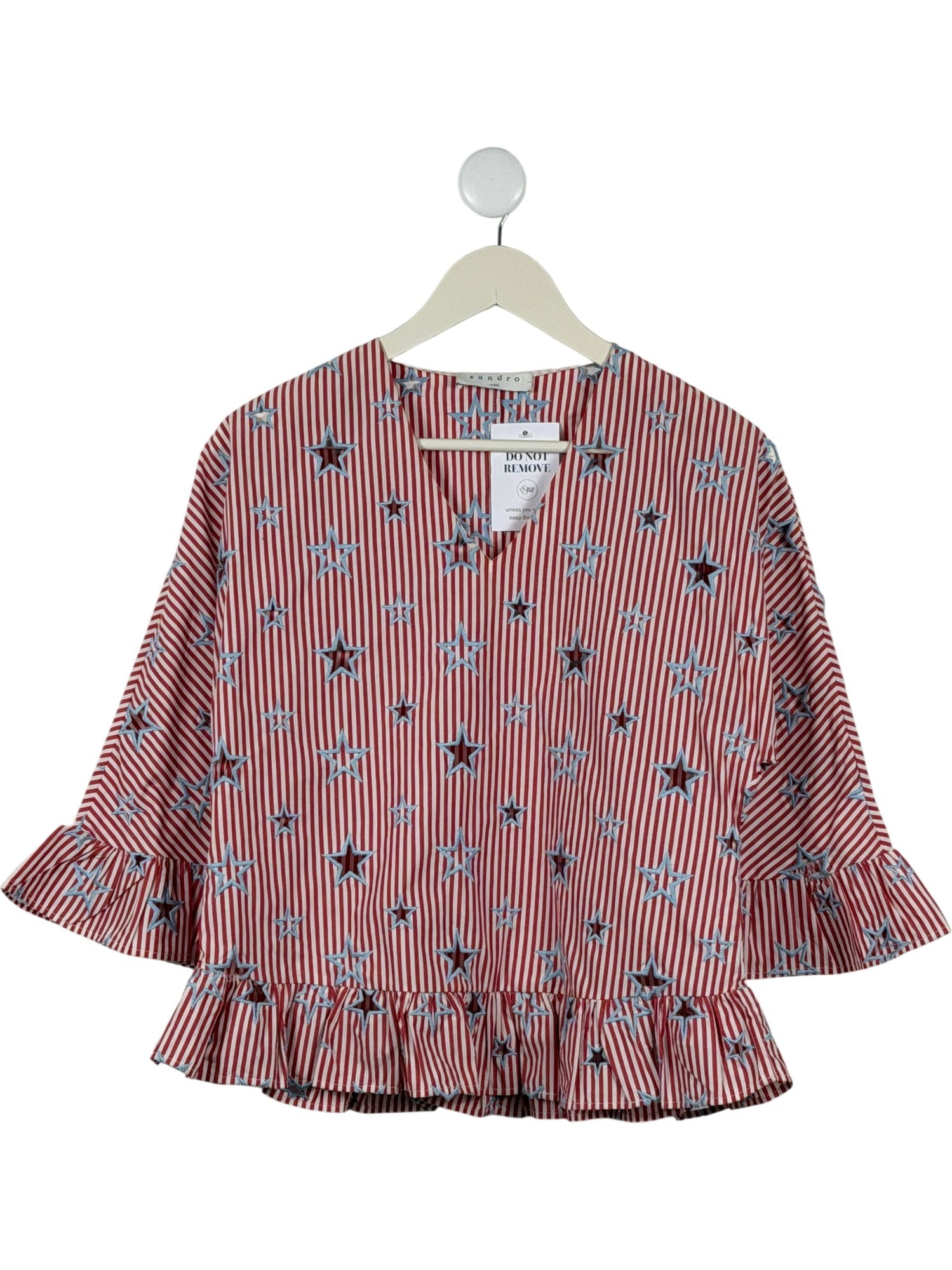 SANDRO Red Striped Star Embroidered Blouse SZ1