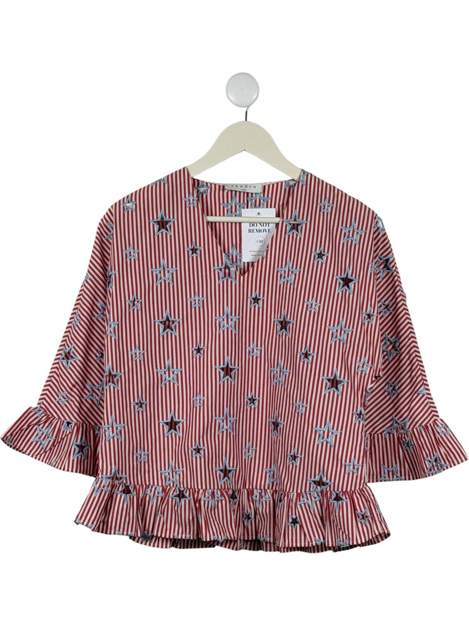 SANDRO Red Striped Star Embroidered Blouse SZ1