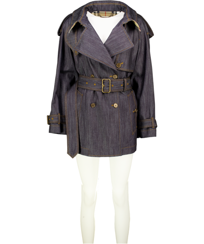 BURBERRY Blue Dark Denim Short Fitzrovia Trench Coat UK XS