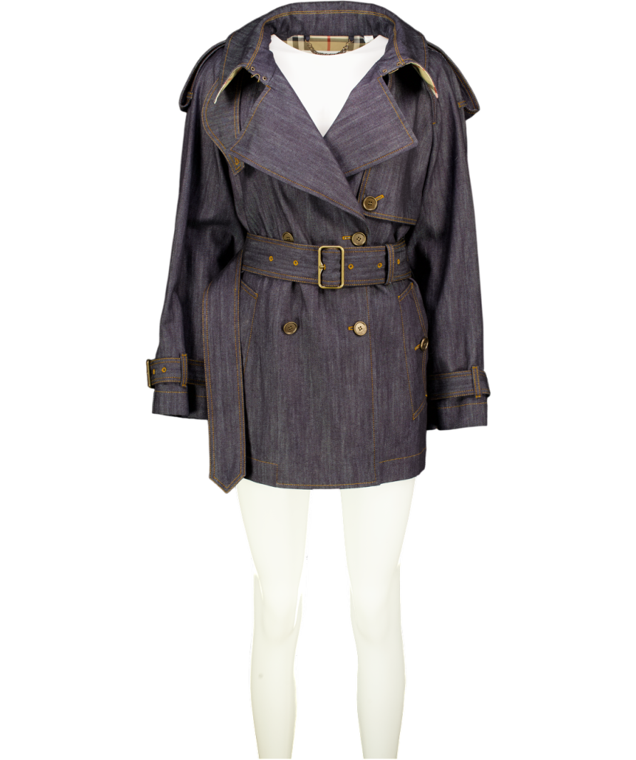 BURBERRY Blue Dark Denim Short Fitzrovia Trench Coat UK XS
