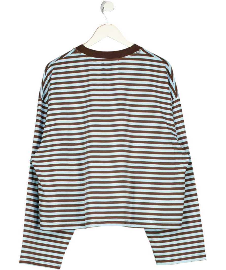 LIONESS Bloom Cotton Blend Long Sleeve Crew Neck Boxy T-shirt In Blue And Brown Stripe UK M