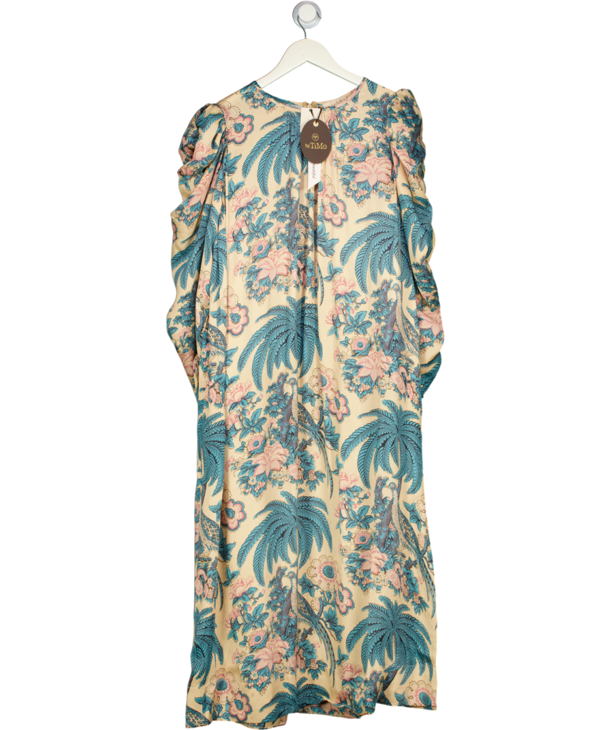 byTIMO Nude / Pink / Blue Birds Printed Crépe Satin Relaxed Puff Sleeve Midi Dress UK L