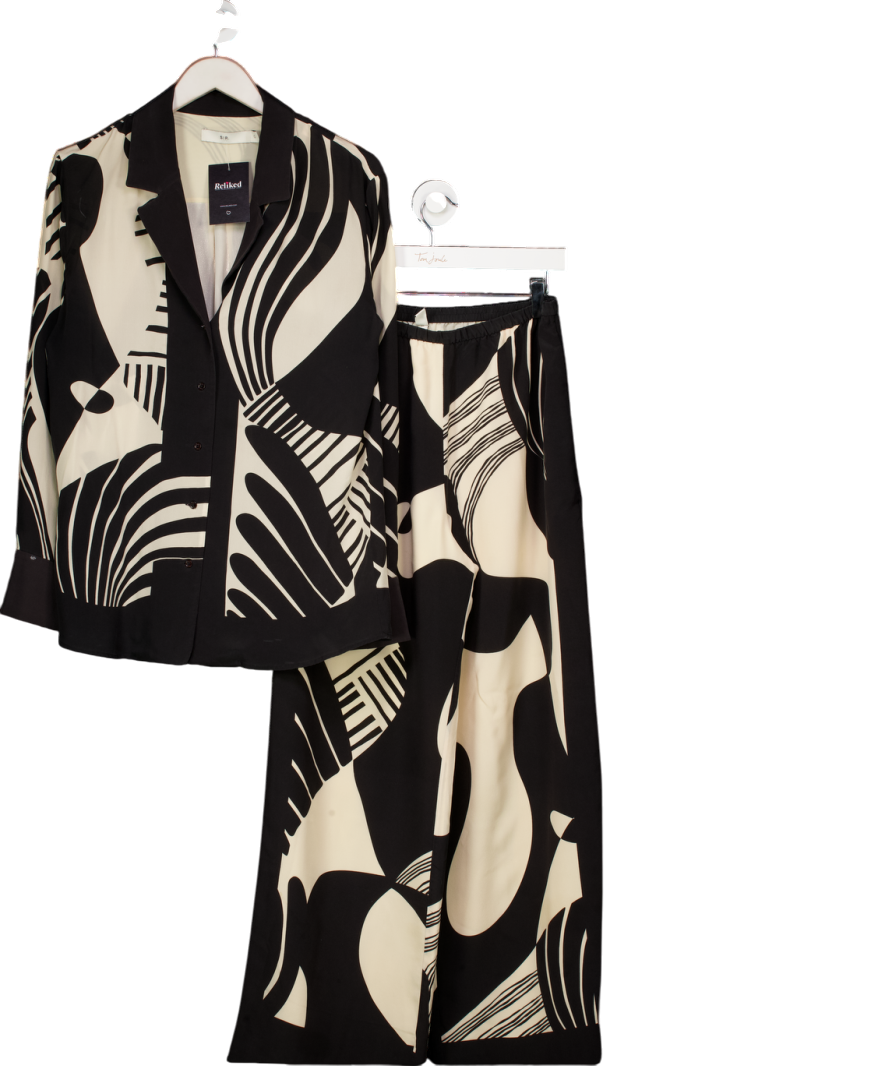 SIR. 2-piece Cream / Black Realisme Silk Crepe Abstract-print Shirt & Palazzo Pants Set UK S/M