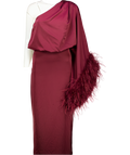 Club L Red Felicity Burgundy Satin Asymmetric-neck Maxi Dress With Feather Detailing UK 6