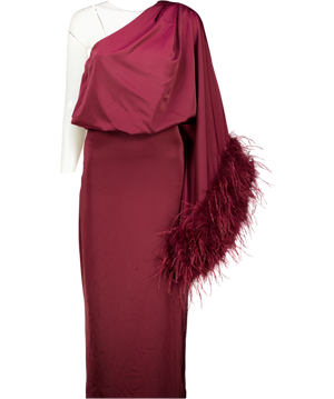 Club L Red Felicity Burgundy Satin Asymmetric-neck Maxi Dress With Feather Detailing UK 6