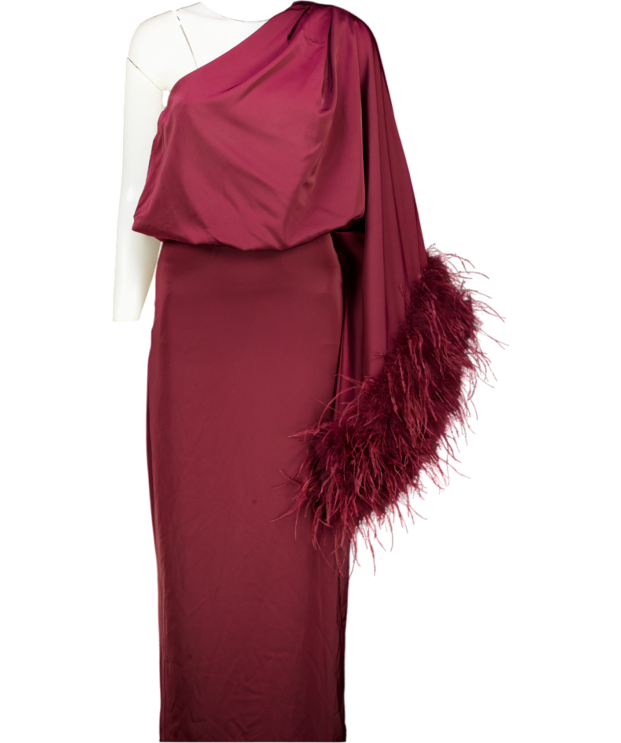 Club L Red Felicity Burgundy Satin Asymmetric-neck Maxi Dress With Feather Detailing UK 6