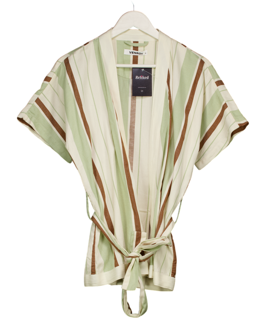 VENROY Cream Cotton & Linen Blend Belted Short Sleeve Striped Jacket UK S