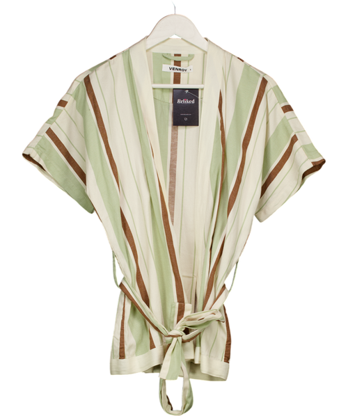VENROY Cream Cotton & Linen Blend Belted Short Sleeve Striped Jacket UK S