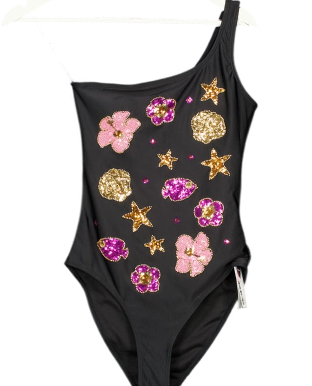 River Island Black Poolside Sequin One Shoulder Swimsuit UK 10