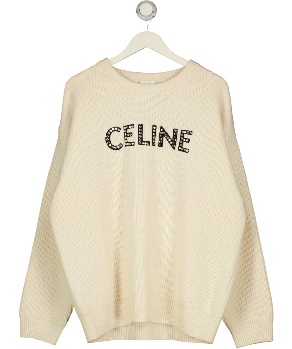 CELINE PARIS Cream Oversized Studded Logo Ribbed Wool Sweater UK S