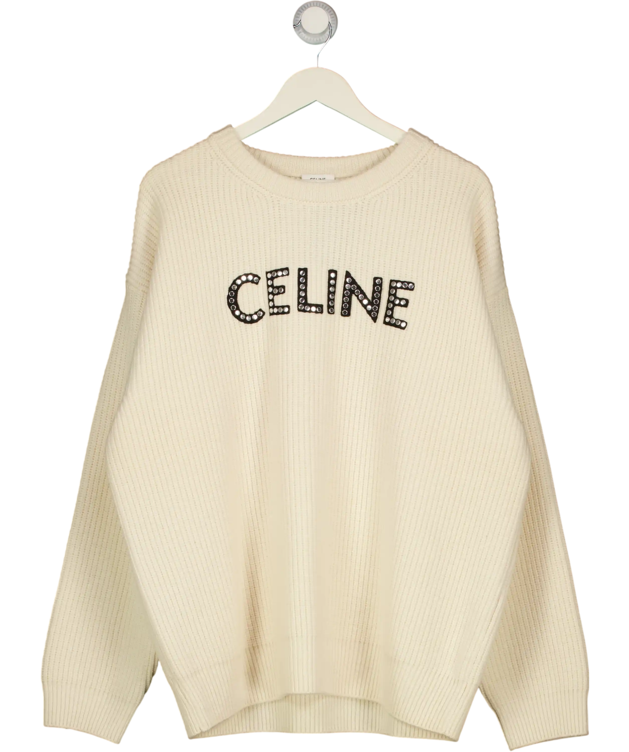 CELINE PARIS Cream Oversized Studded Logo Ribbed Wool Sweater UK S