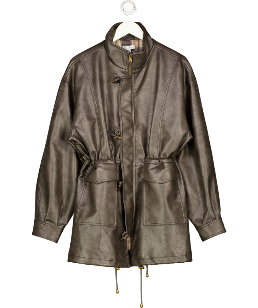 TOPSHOP Brown High Neck Drawstring Waist Leather Jacket UK M