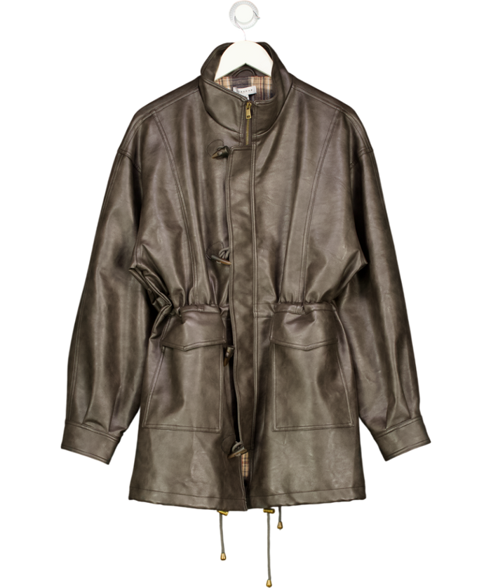 TOPSHOP Brown High Neck Drawstring Waist Leather Jacket UK M