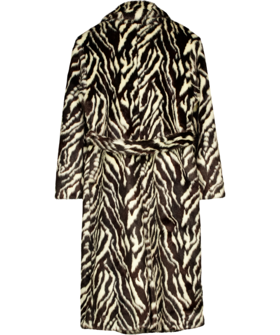 MANGO Chocolate Brown & Cream Animal Print Belted Faux Fur Coat UK S
