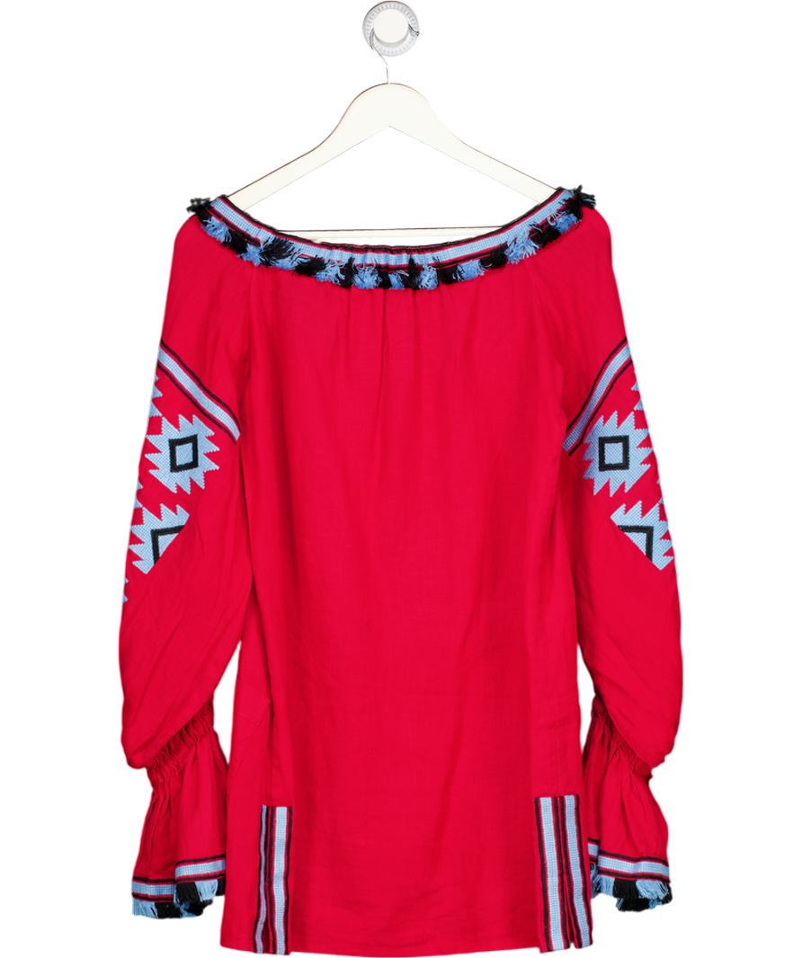 MARCH II Red & Blue Embroidered  100% Linen Tassel Mini Dress UK S
