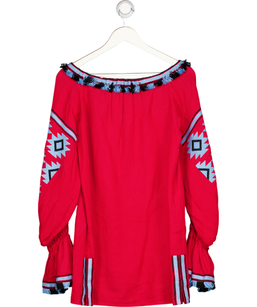 MARCH II Red & Blue Embroidered  100% Linen Tassel Mini Dress UK S