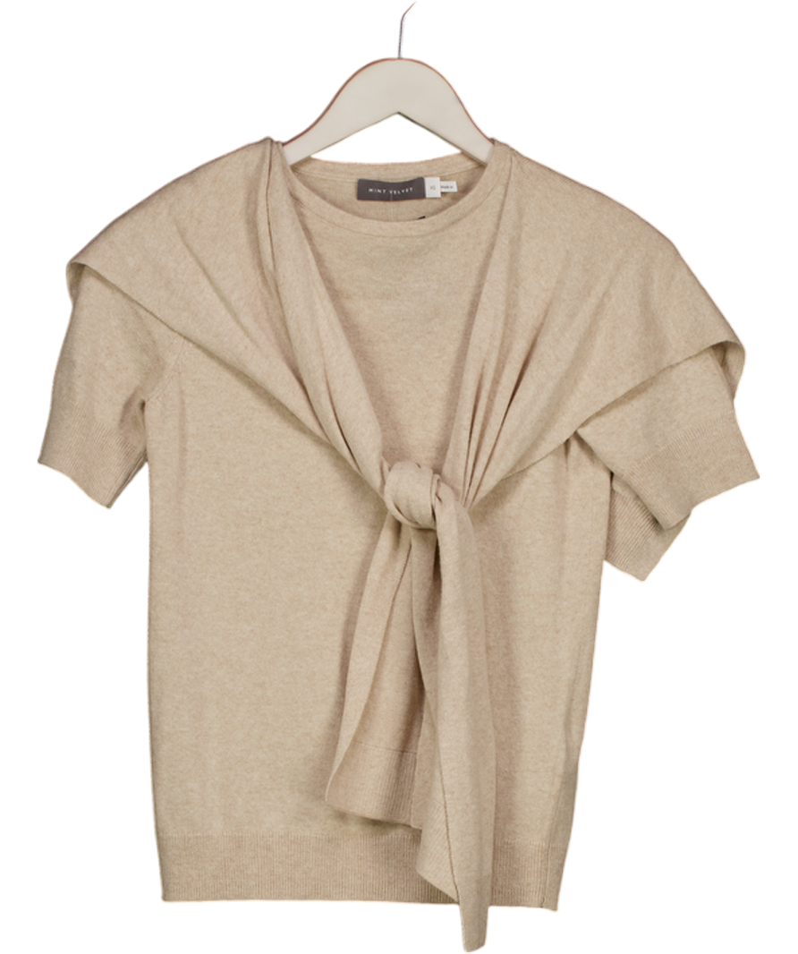 Mint Velvet Beige Neutral Cotton Blend Scarf Detail Knit Top UK XS