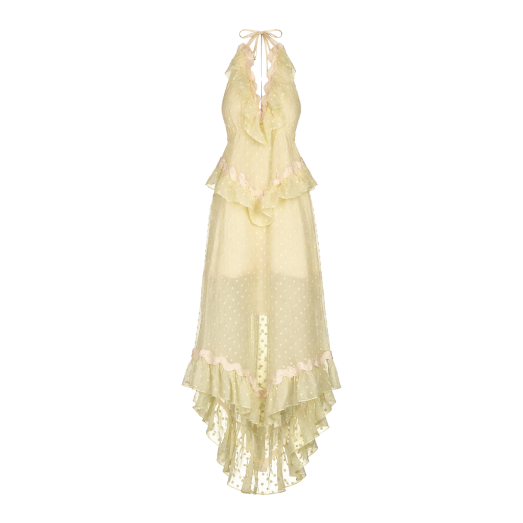 Alice McCall Yellow Ruffle Keyhole Tie Sheer Silk Midi Dress UK S