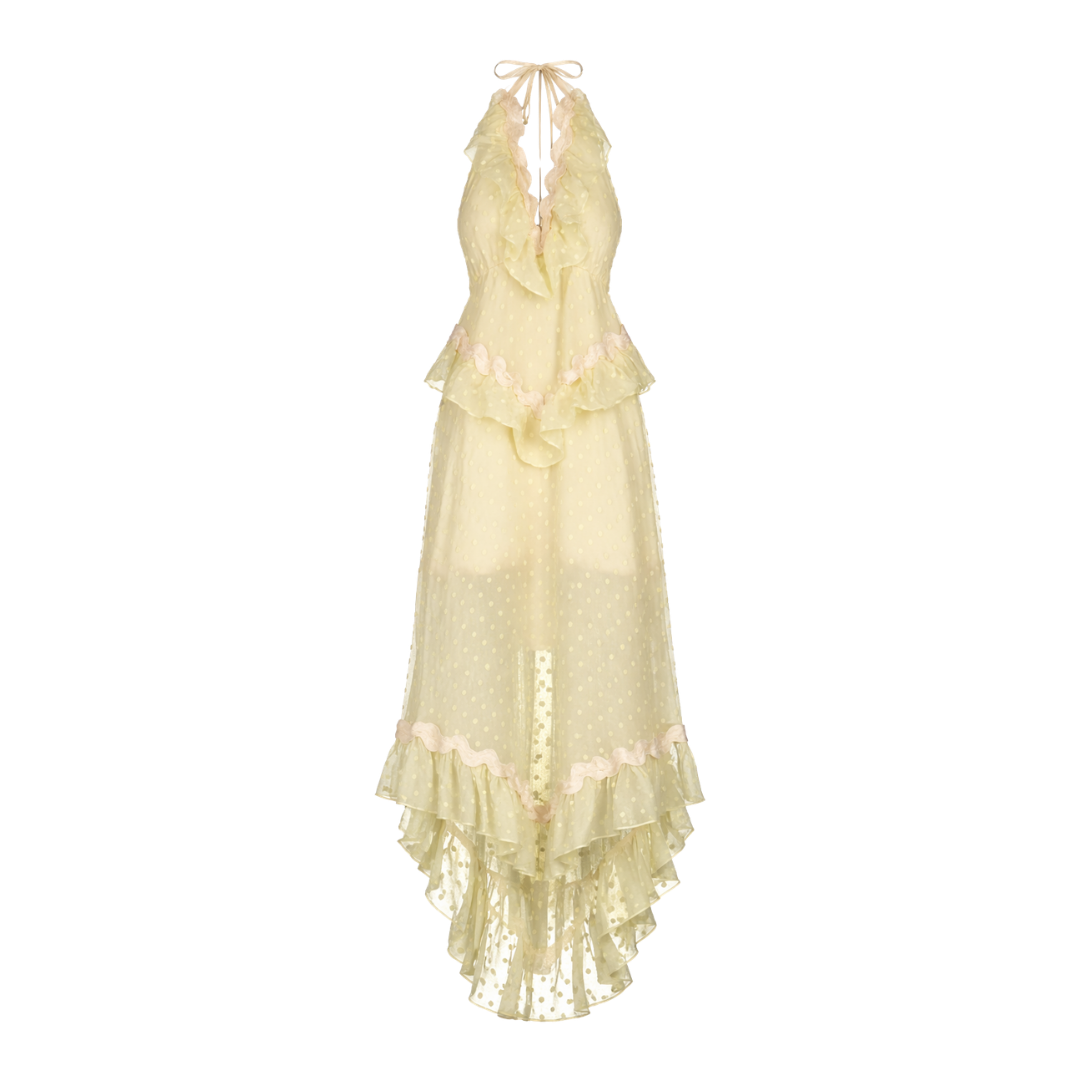 Alice McCall Yellow Ruffle Keyhole Tie Sheer Silk Midi Dress UK S – Reliked