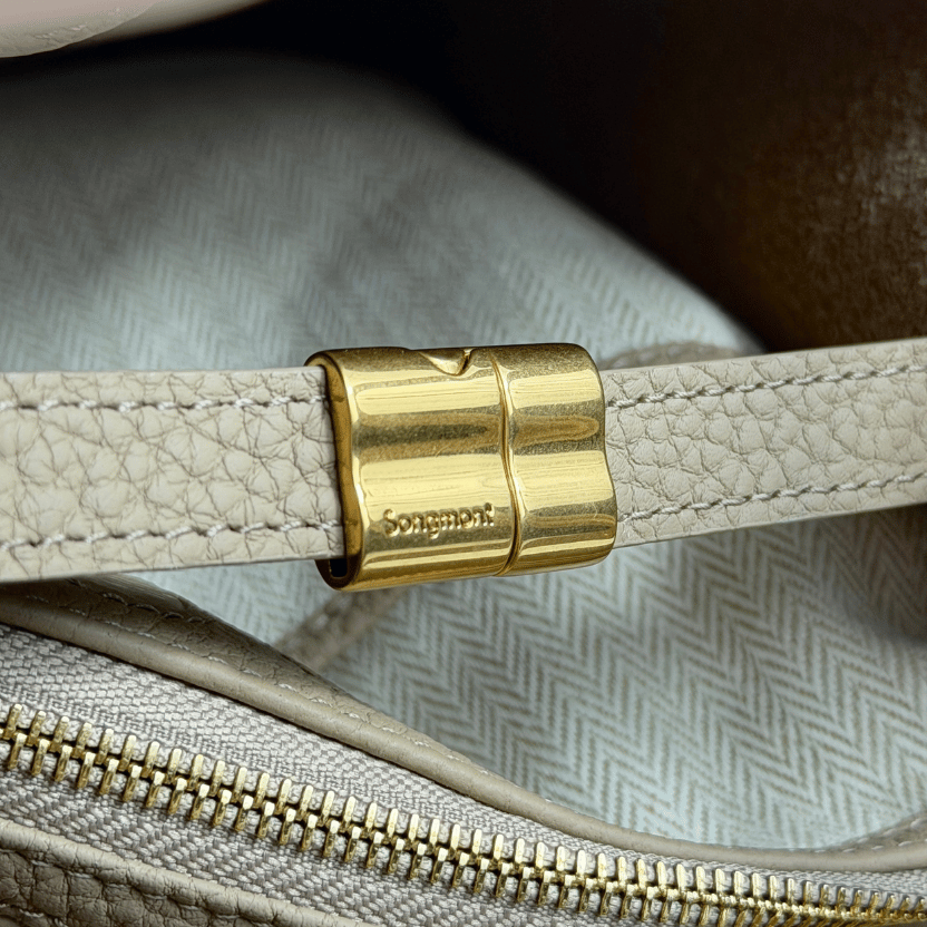 SONGMONT Taupe Beige Full Grain Leather Large Song Bucket Bag With Crossbody Strap