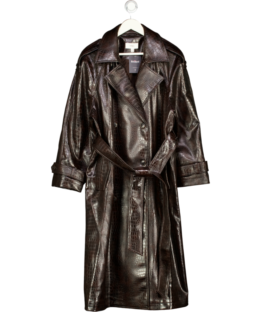 M&S Brown Croc Faux Leather Belted Longline Trench Coat - Bitter Chocolate UK 16