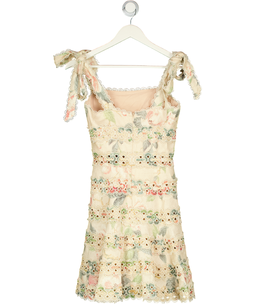 Zimmermann Nude Liene Floral Scalloped Lace Trim Mini Dress Sz0 UK 6