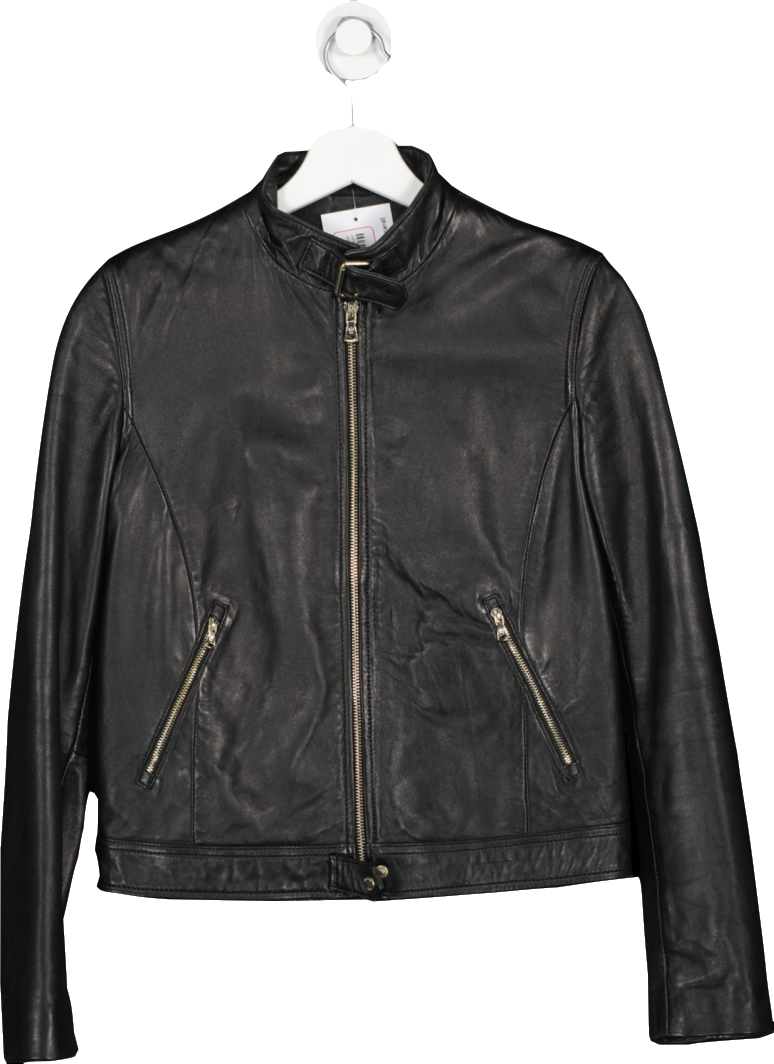Massimo Dutti Black Leather Biker Jacket UK M