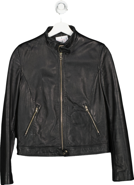 Massimo Dutti Black Leather Biker Jacket UK M