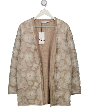 ZARA Cream Contrast Faux Pearl Knit Coat UK S