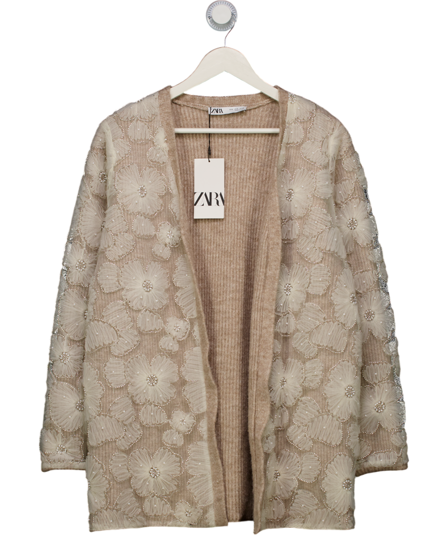 ZARA Cream Contrast Faux Pearl Knit Coat UK S
