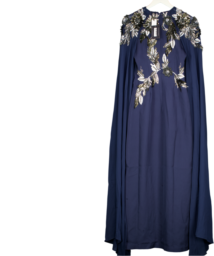 Karen Millen Blue Floral 3d Embellished Drama Cape Sleeve Woven Maxi Dress UK 6