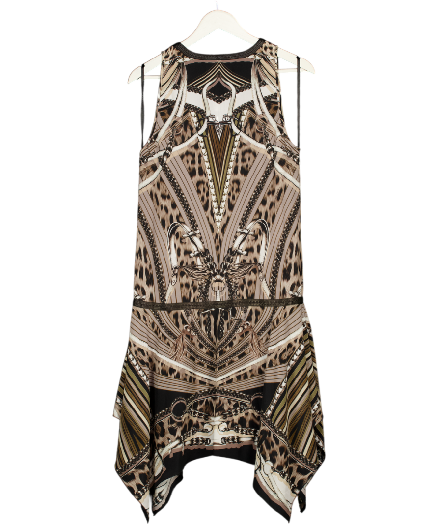 ROBERTO CAVALLI Brown / Beige Scarf Print 100% Silk Midi Dress With Handkerchief Hem It40 UK 8