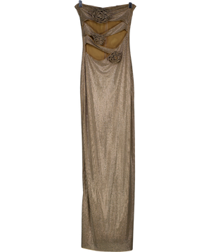 MESHKI Strapless Rose Diamante Maxi Dress - Nude UK XXS