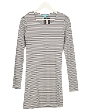 MELISSA ODABASH White / Navy /silver Striped Long Sleeve Jersey Mini Dress UK M