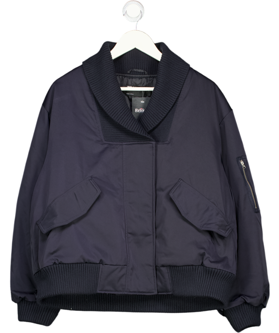 ASOS Design Knitted Collar Bomber Jacket In Navy Blue UK S