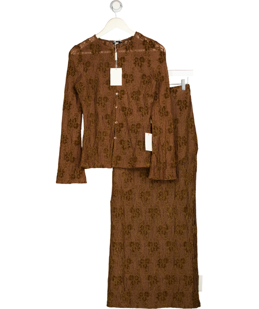 PRETTY LAVISH 2-piece Lace Cardigan (uk 6) & Maxi Skirt (uk 8) Co-ord In Chocolate Brown UK XS/S