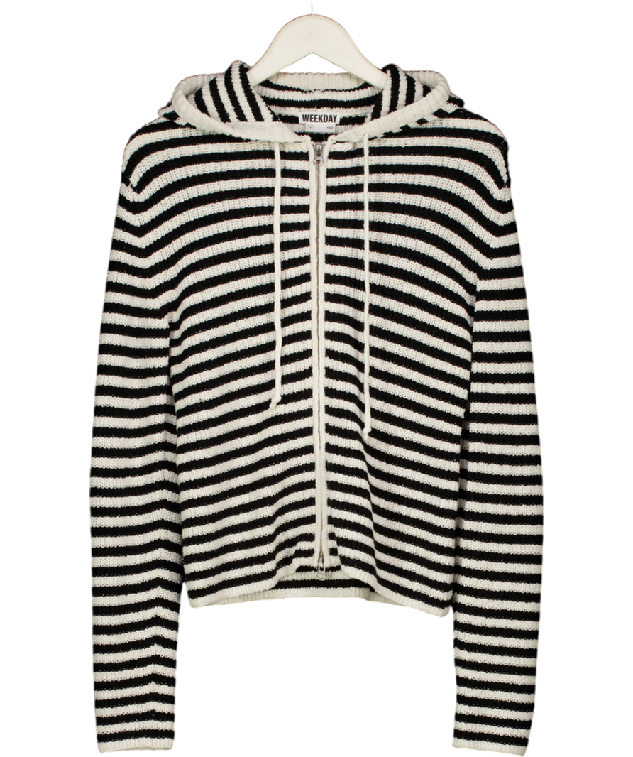 WEEKDAY Black & White Stripe Cotton Knit Zip Hoodie UK S