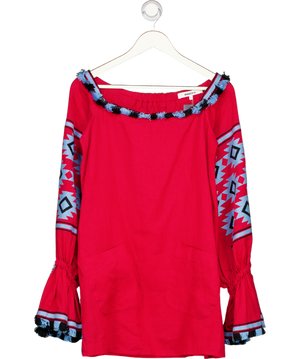 MARCH II Red & Blue Embroidered  100% Linen Tassel Mini Dress UK S