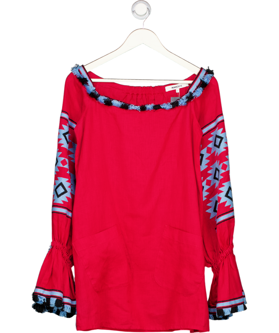 MARCH II Red & Blue Embroidered  100% Linen Tassel Mini Dress UK S