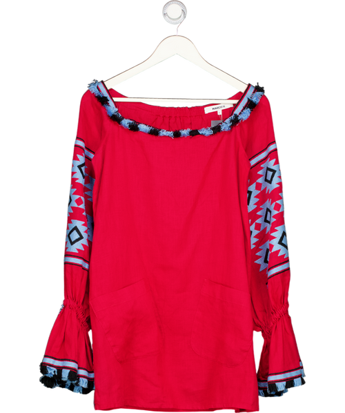 MARCH II Red & Blue Embroidered  100% Linen Tassel Mini Dress UK S