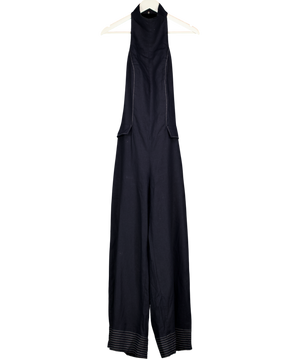 ZARA Navy Blue Linen Blend Halter Jumpsuit With Contrast Topstitching UK S