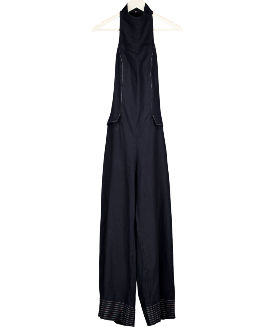 ZARA Navy Blue Linen Blend Halter Jumpsuit With Contrast Topstitching UK S