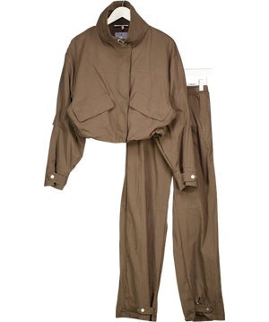 THE COUTURE CLUB Brown 2-piece Funnel Neck Shell Jacket (UK 8) And Barrel Leg Trousers Set UK 6