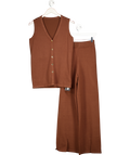 commense Brown Golden Button Knit Vest Pants Set UK XS