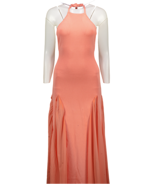 MESHKI Soleil Knit And Mesh Halter Maxi Dress - Coral Orange UK XS