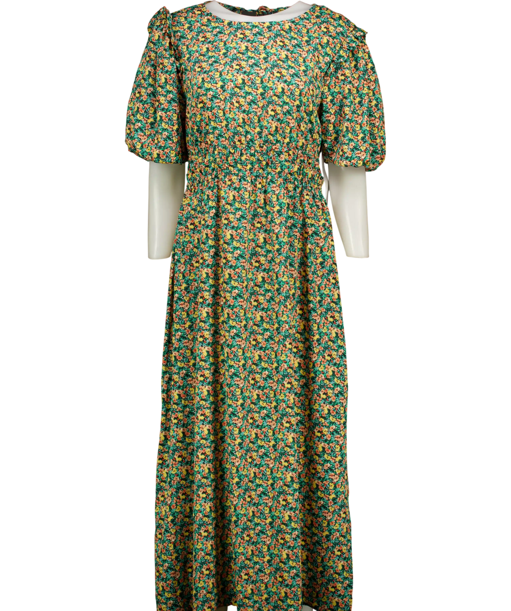 Topshop Multicoloured Floral Puff Sleeve Cape Back Midi Dress UK 14