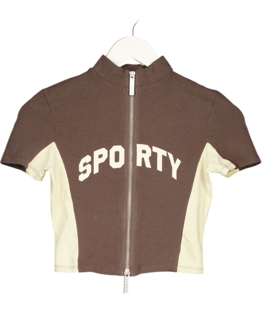 Bo + Tee Brown Cotton Jersey Colourblock Zip-up Crop Top UK XS